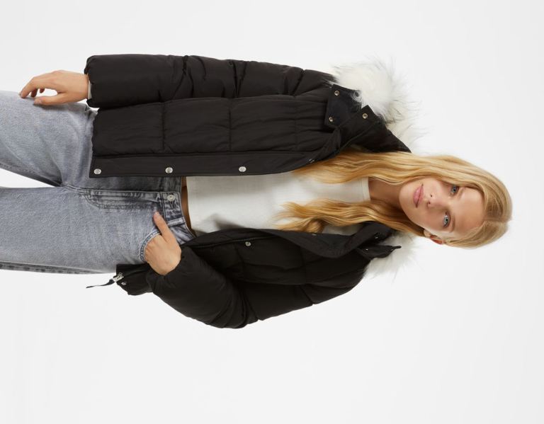 Black Women\'s Bershka Puffer With Faux Fur Hood Jackets | u220jkM1vN4