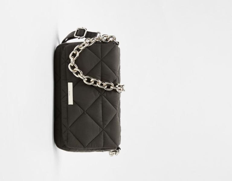 Black Women's Bershka Quilted Nylon-effect With Thick Chain Bags | OVjZOZGWt4R