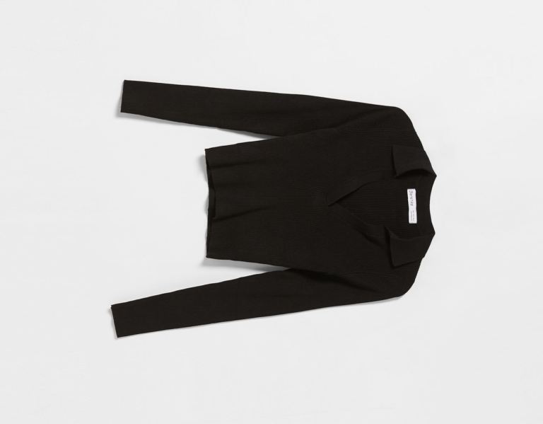 Black Women's Bershka Ribbed Jersey Top With Polo Collar Cardigan | Q32rWGbH5HT