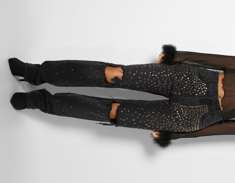 Black Women's Bershka Ripped Straight-fit Studded Jeans | fmgaRnXodMO