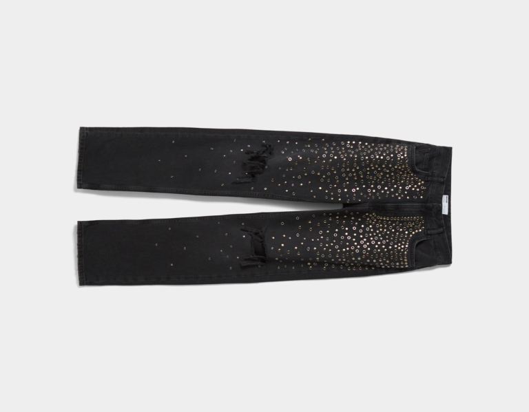 Black Women's Bershka Ripped Straight-fit Studded Jeans | fmgaRnXodMO