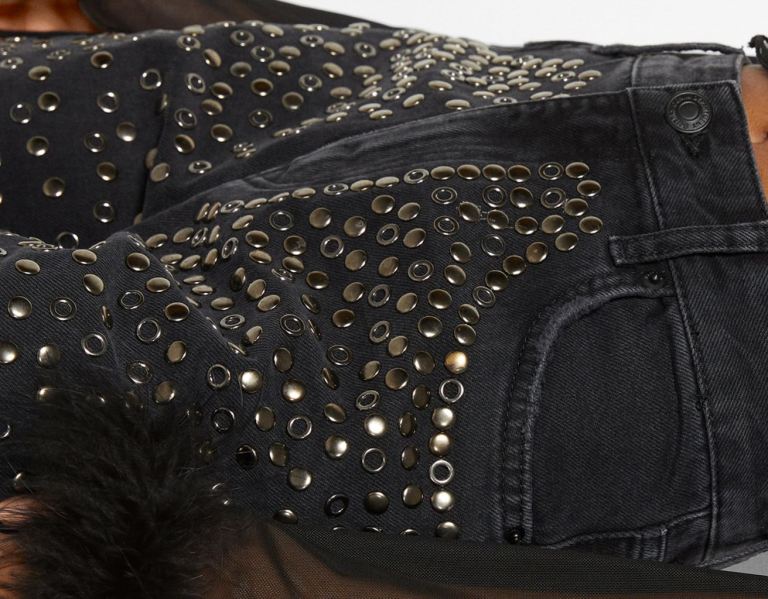 Black Women's Bershka Ripped Straight-fit Studded Jeans | fmgaRnXodMO