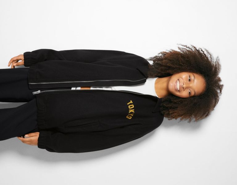 Black Women\'s Bershka Synthetic Wool Bomber With Embroidered Back Jackets | N7MdjExophA