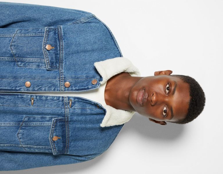 Blue Men's Bershka Denim With Fleece Lining Jackets | ZLNLwI7NwGK