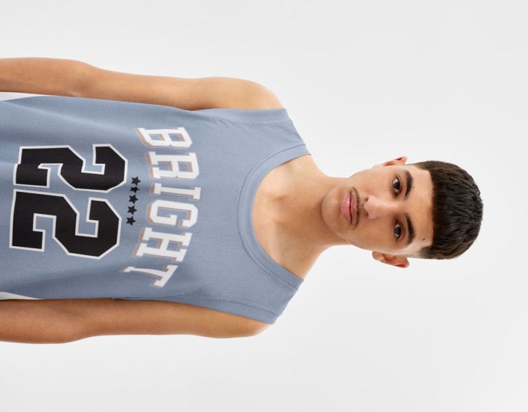 Blue Men's Bershka Flame Print Sleeveless Mesh Basketball T Shirts | KFovs0Lz617