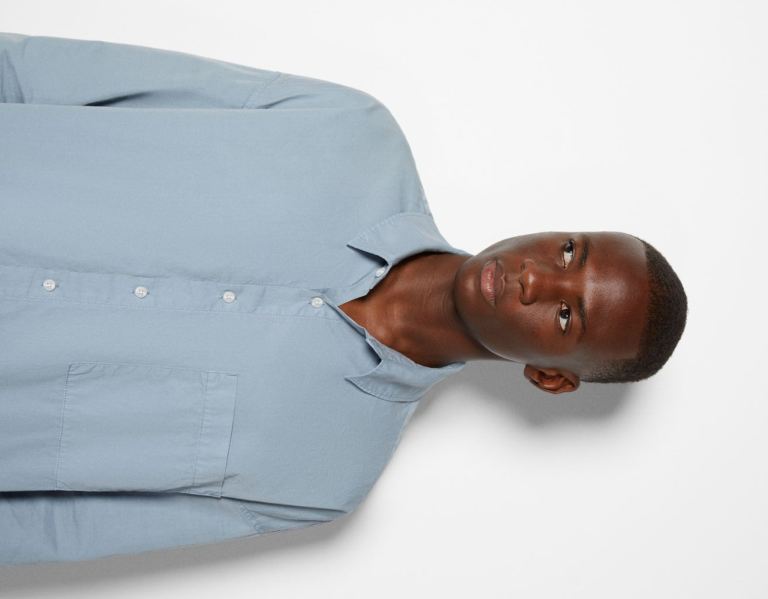 Blue Men's Bershka Long Sleeve Poplin Shirts | 59LRF4BKIWl