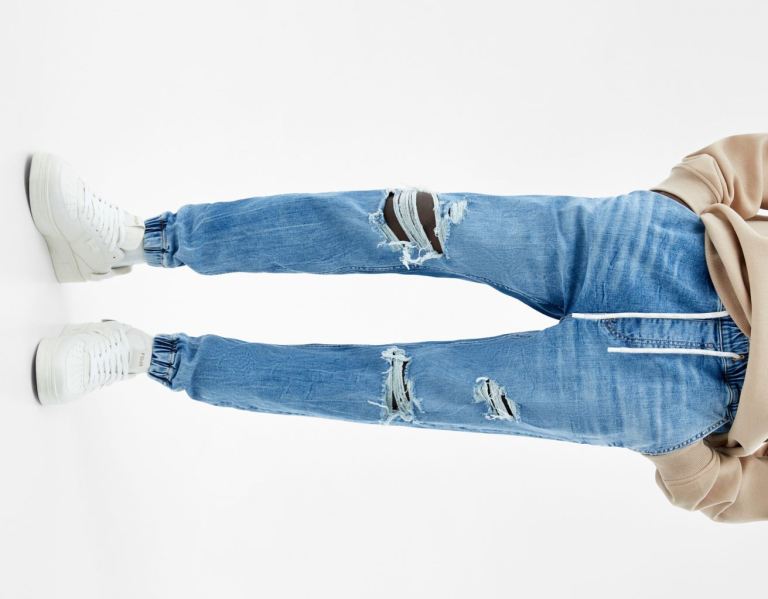 Blue Men's Bershka Ripped Jogger Jeans | lQ3Z4hPctST