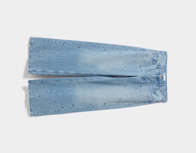 Blue Women's Bershka Low-rise Wide-leg With Rhinestones Jeans | AvhBviUuYse