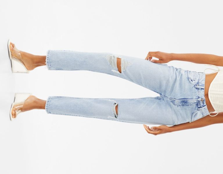 Blue Women's Bershka Ripped Mom Jeans | EAdiKPWh8L9