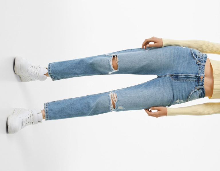 Blue Women's Bershka Ripped Mom Jeans | jWNx0czdiyQ