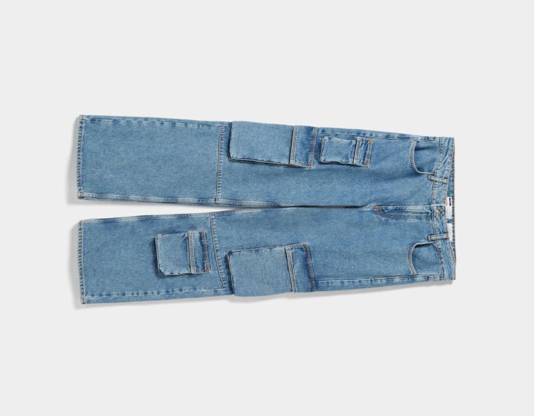 Blue Women's Bershka Straight Fit Multipocket Cargo Jeans | a09WD8C2ECu