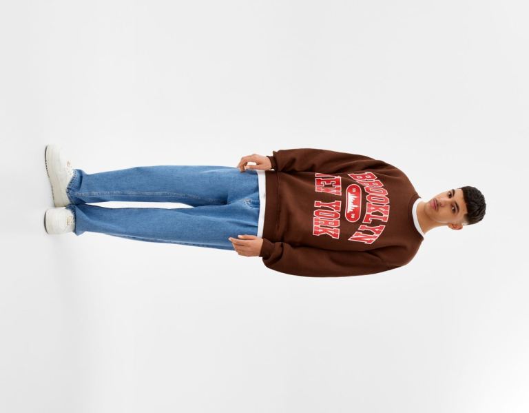 Brown Men's Bershka Crew Neck College Print Sweatshirts | 11XXA0JTx0w