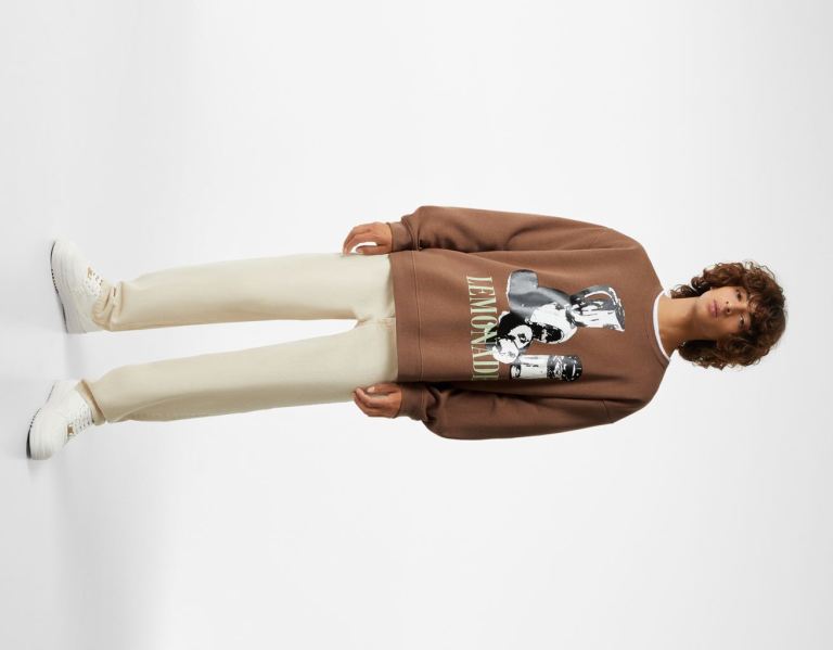 Brown Men's Bershka Crewneck Printed Sweatshirts | 3Fn572dMyIY