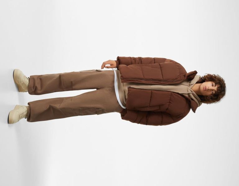 Brown Men's Bershka Oversize Puffer Jackets | 7k1ShV4QuWQ