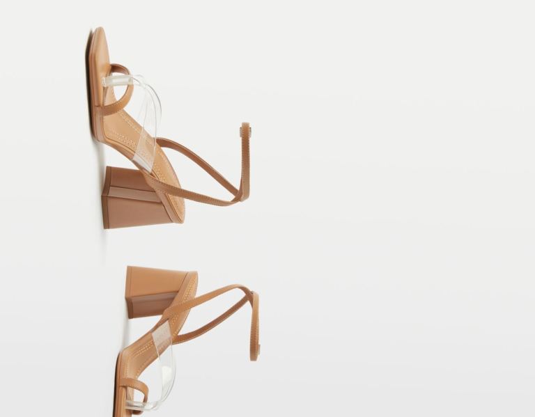 Brown Women's Bershka High-heel Contrasting Vinyl Heels Sandals | 4UF52QF8NDl