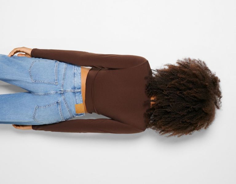 Brown Women's Bershka Long Sleeve Crop With Buckle Tops | uCKsp3szUZv