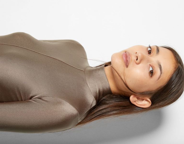 Brown Women's Bershka Long Sleeve High Neck Bodysuit | BdSjPTqtmWt