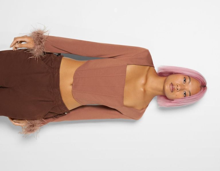 Brown Women\'s Bershka Long Sleeve Top With Feathers T Shirts | Eg7tMrfxE3y