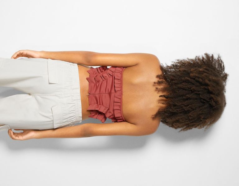 Brown Women's Bershka Ruffled Sleeveless Tops | R2KZkGHC6e8