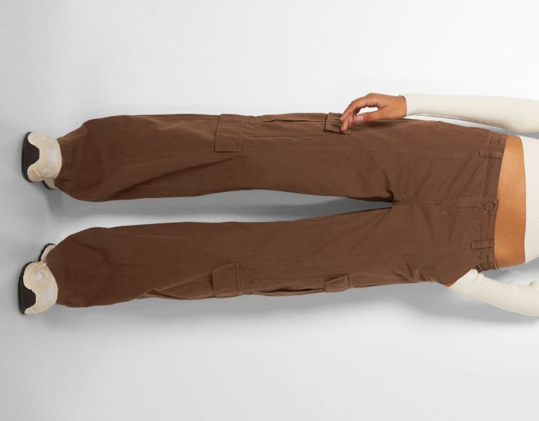 Brown Women's Bershka Straight Fit Cargo With An Elastic Waistband Pants | ikwsNT5KWYe