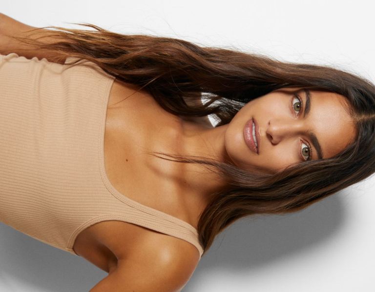 Brown Women's Bershka Strappy Ribbed With Neckline Dress | HkJuXbyHAxK