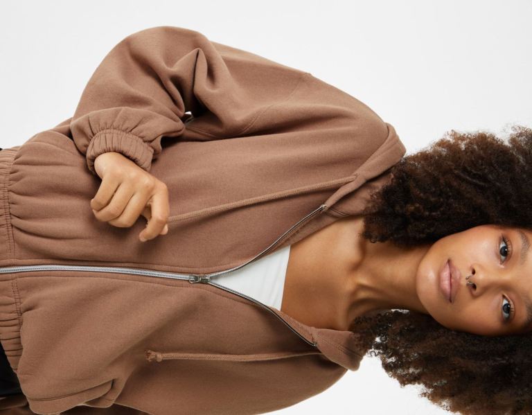 Brown Women's Bershka Zip-up Hoodie | fOoBTRkfUdw