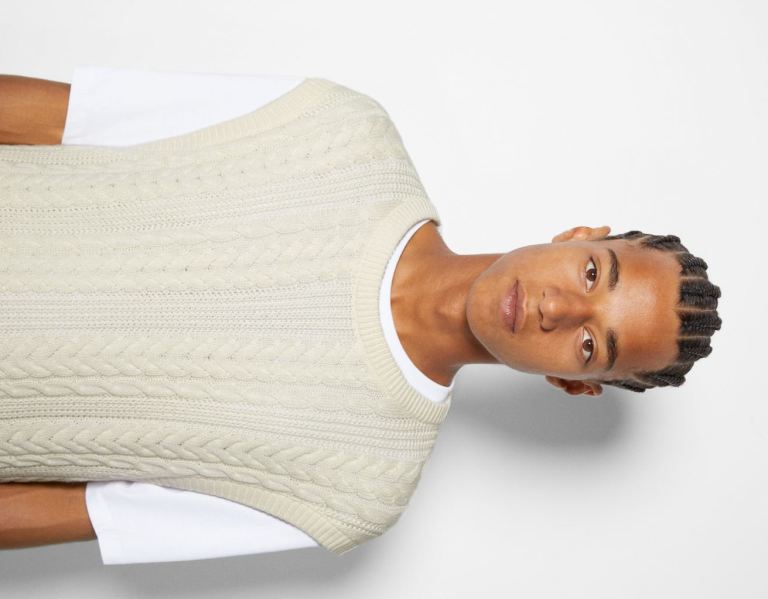 Cream Men's Bershka Short Cable-knit Vest Cardigan | oLpjPEAYaa1