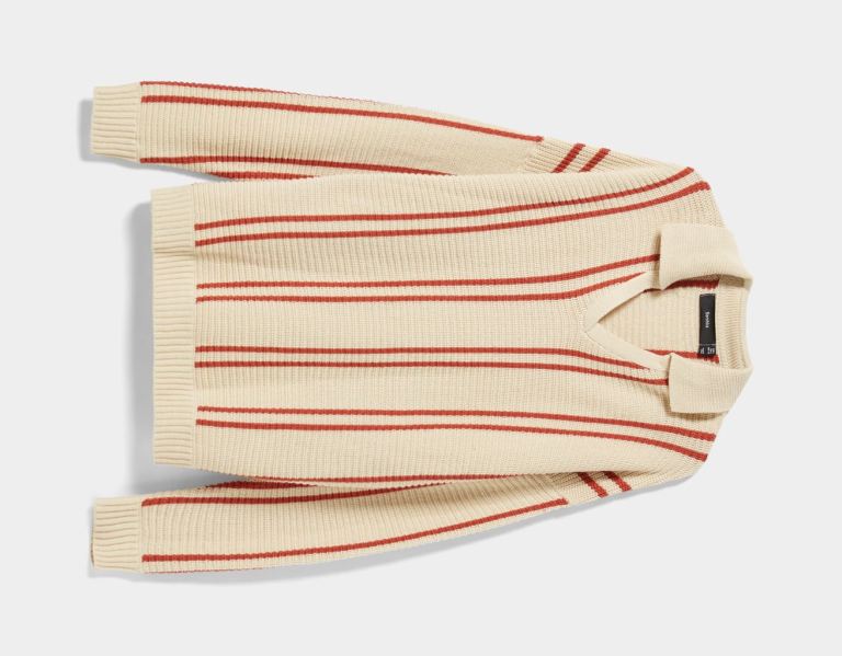 Cream Men's Bershka Vertical Stripe Polo Sweater Sweaters | KZirRYCaLfa