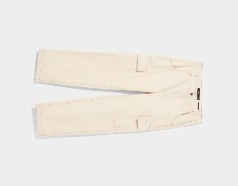 Cream Men's Bershka Wide-leg Cargo With Contrasting Stitching Pants | N0WTGBQsVlM