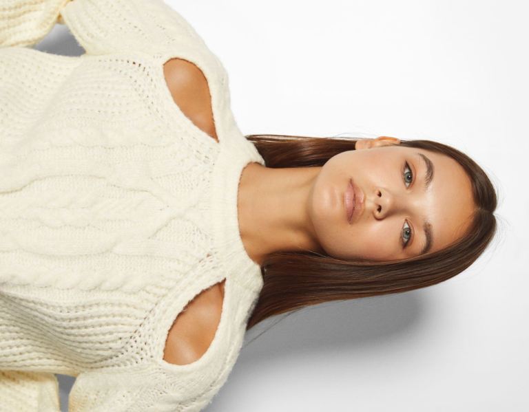 Cream Women's Bershka Cable-knit Cut Out Sweater Sweaters | P6QuPgfvbUG