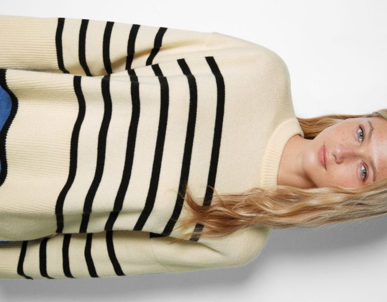 Cream Women's Bershka Oversize Striped Sweater Knitwear | 5JDVfrgzASc