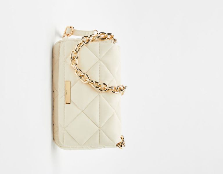 Cream Women's Bershka Quilted Nylon-effect With Thick Chain Bags | flNVy5osTH9