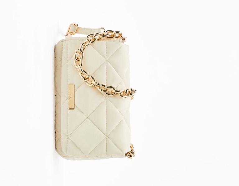 Cream Women's Bershka Quilted Nylon-effect With Thick Chain Bags | flNVy5osTH9