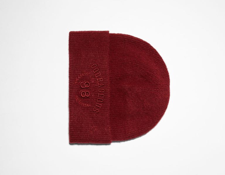 Dark Red Men's Bershka Embroidered Varsity Beanie Caps | BIN6p8aXvUl