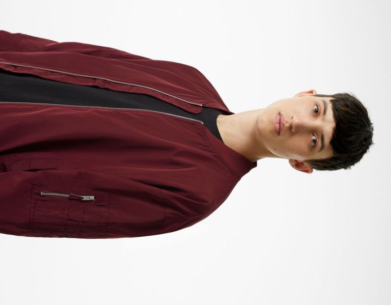 Dark Red Men's Bershka Lightweight Nylon-effect Bomber Jackets | jy3eLRpuMgo