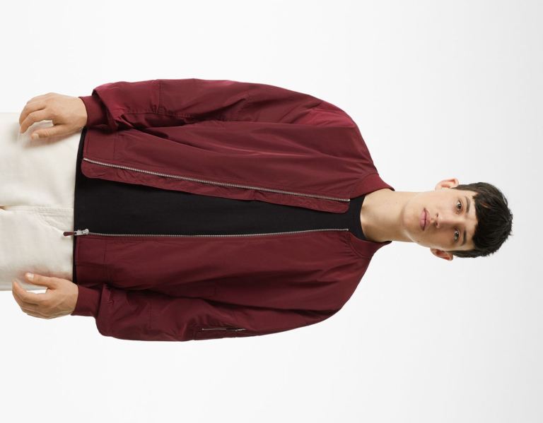 Dark Red Men\'s Bershka Lightweight Nylon-effect Bomber Jackets | jy3eLRpuMgo