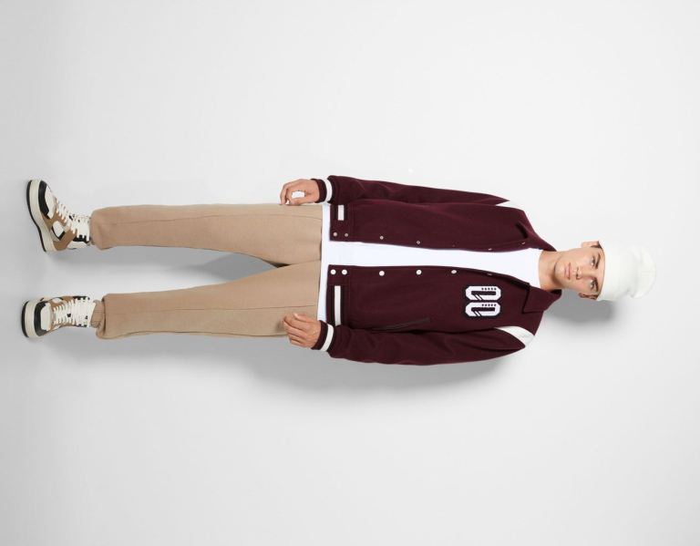 Dark Red Men's Bershka Varsity Bomber Jackets | aQMLB0LYwi8