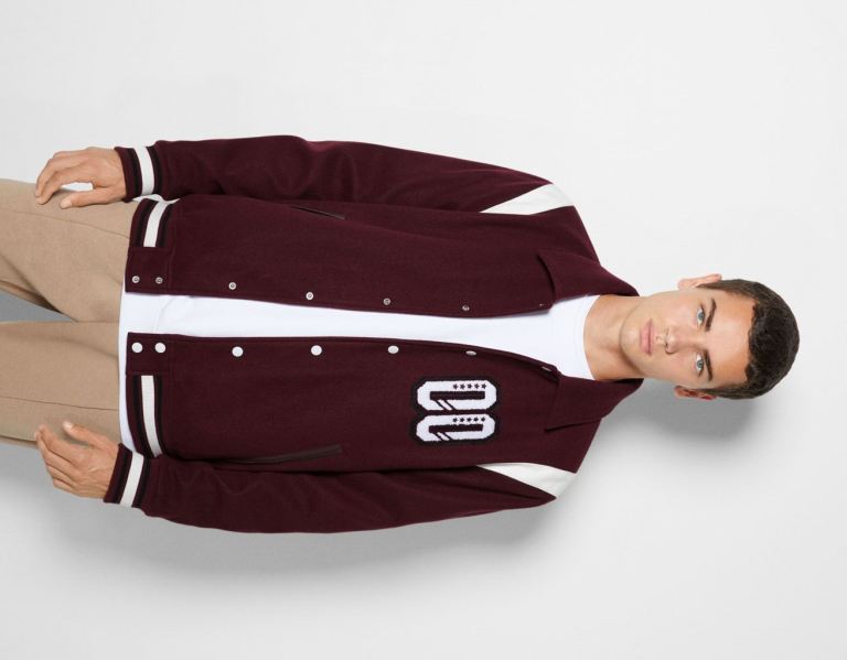 Dark Red Men\'s Bershka Varsity Bomber Jackets | aQMLB0LYwi8