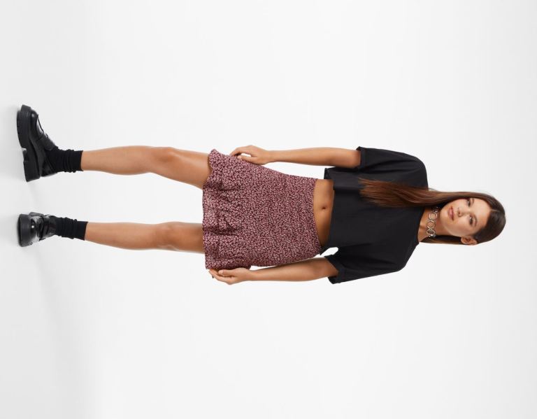 Dark Red Women's Bershka Printed Gathered Mini Skirts | DHmRJEdJMAL