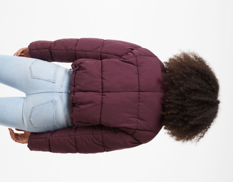 Dark Red Women's Bershka Short Puffer Jackets | knMlhVKOhAd