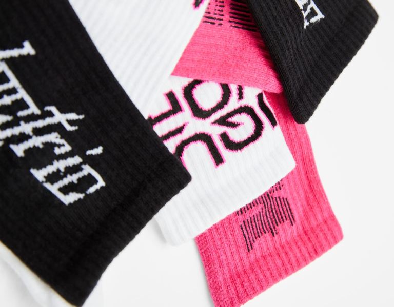 Fuchsia Men's Bershka Set Of 3 Slogan Socks | SJt3GG4JGMH