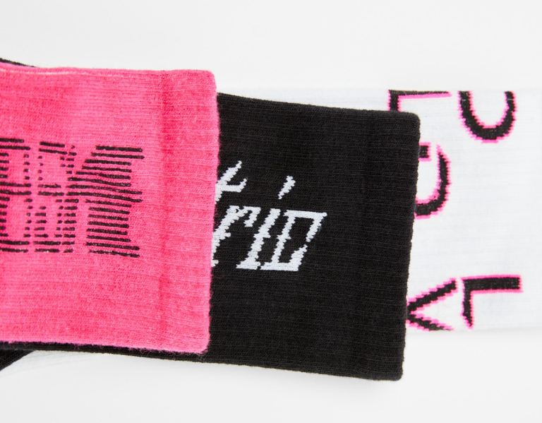 Fuchsia Men\'s Bershka Set Of 3 Slogan Socks | SJt3GG4JGMH