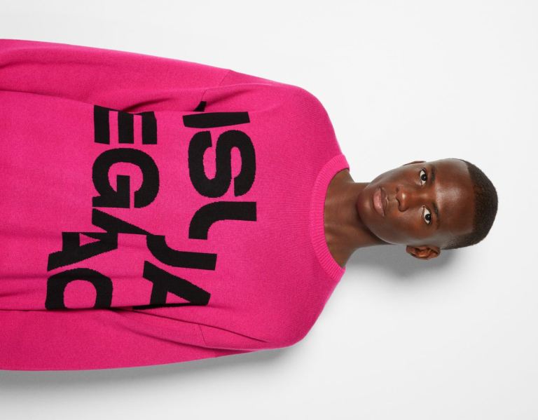 Fuchsia Men's Bershka Sweater With Lettering Sweaters | URVBGNIVOON