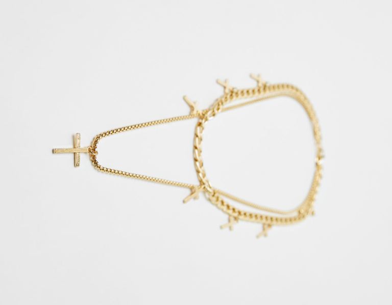 Gold Men's Bershka Double Cross Necklace Jewelry | CPmxDFk0km3