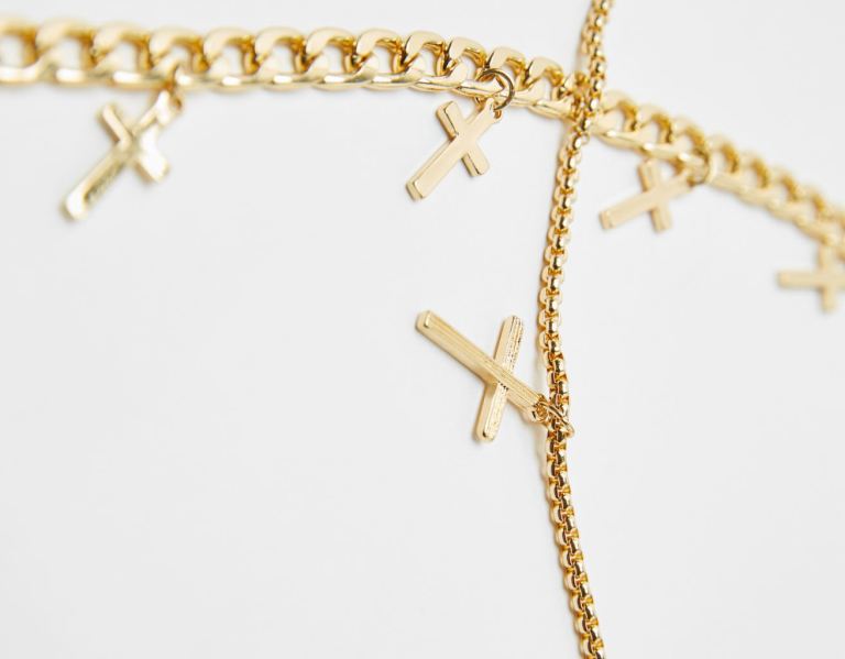 Gold Men's Bershka Double Cross Necklace Jewelry | CPmxDFk0km3