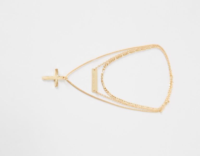 Gold Men's Bershka Necklace With Thin Crosses Jewelry | Y45buwFAong