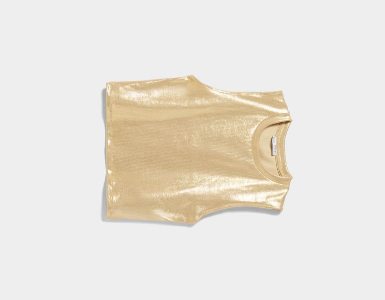 Gold Women's Bershka Ribbed Foil Sleeveless T Shirts | Cr7x84dazrh