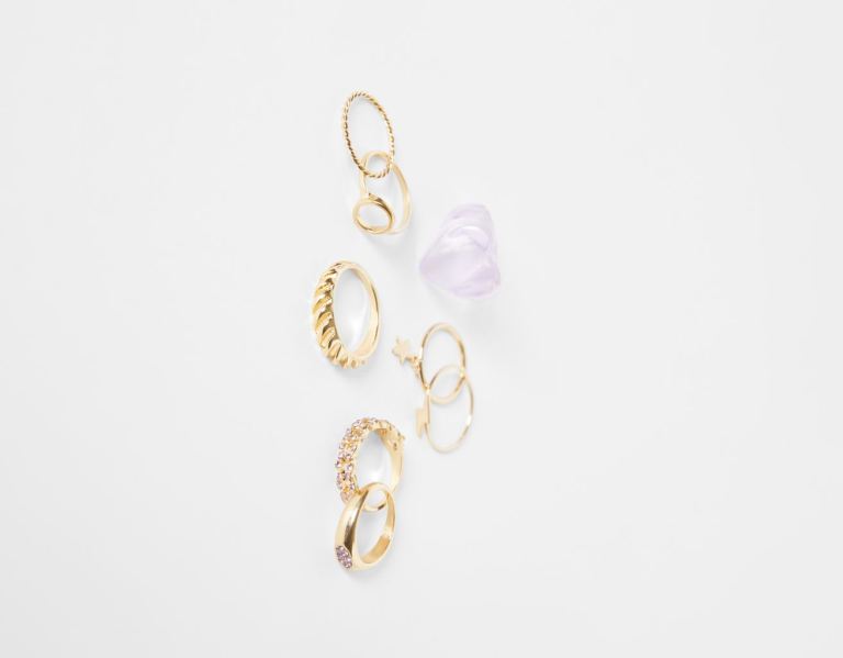 Gold Women's Bershka Set Of 8 Bejeweled Heart Rings Jewelry | P3ntjvlHWpe