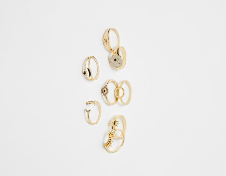 Gold Women's Bershka Set Of 8 Enamel Astral Rings Jewelry | dwzK3FSunDT