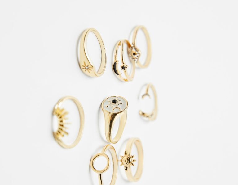 Gold Women's Bershka Set Of 8 Enamel Astral Rings Jewelry | dwzK3FSunDT